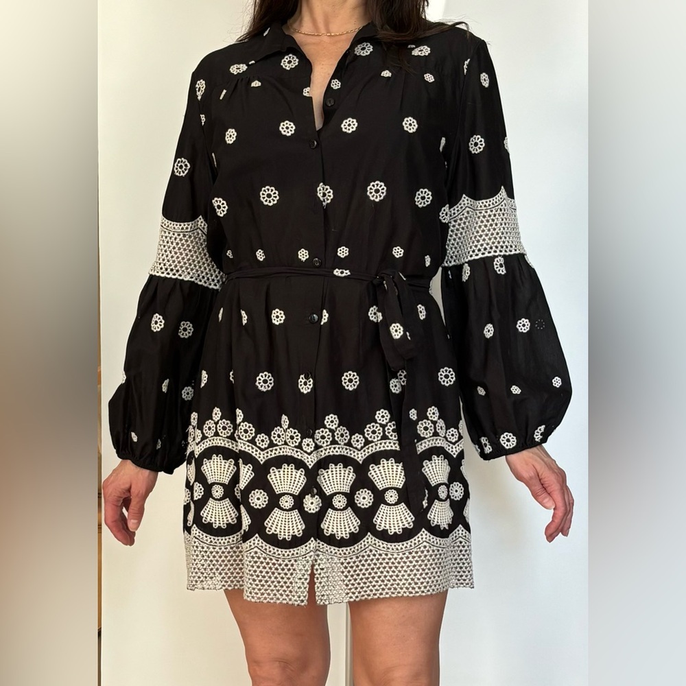 Embroidered Lace Tunic Shirt Dress, Black & Cream by Stera Size Large - Picture 2 of 10